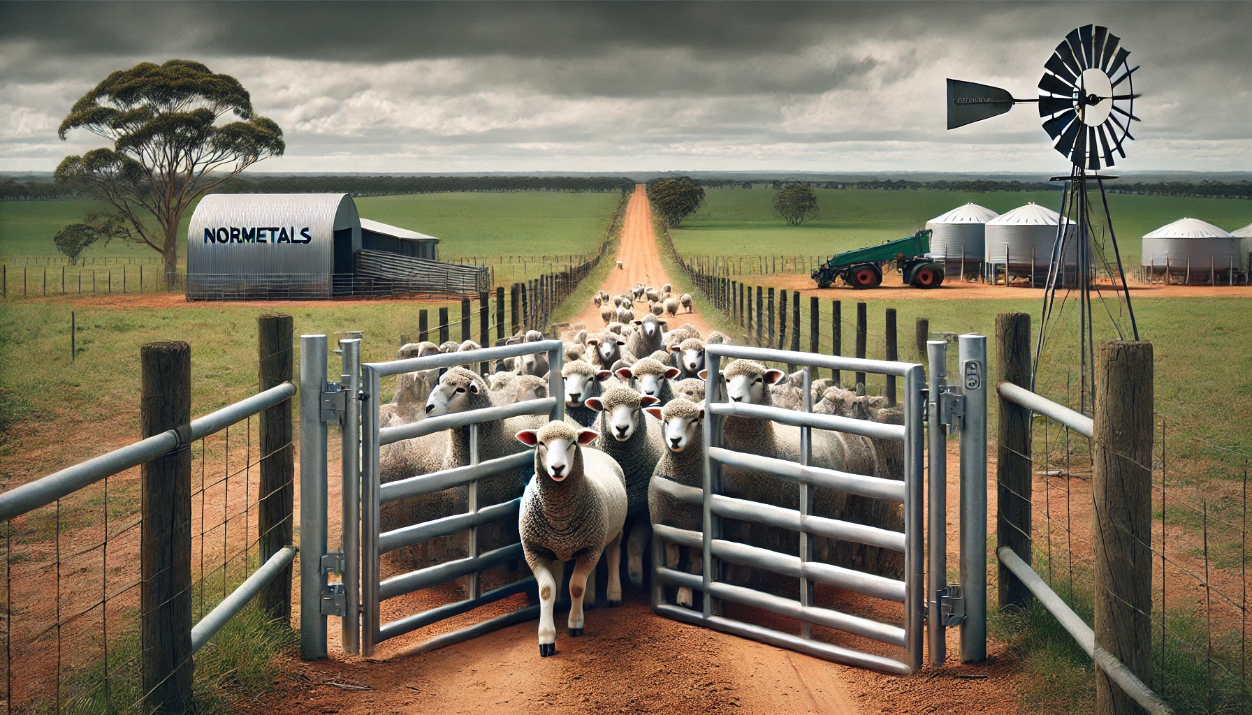 Captures the functionality and durability of the gates in a farm setting, reflecting the quality standards of Normetals